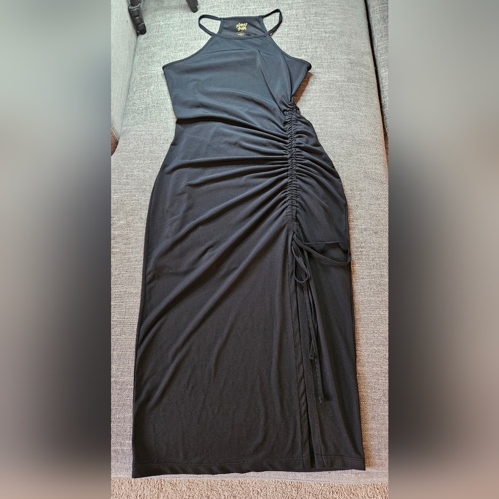 PLANET GOLD Ruched Black Midi Dress With Front Slit (Juniors) Size Small - Picture 4 of 11